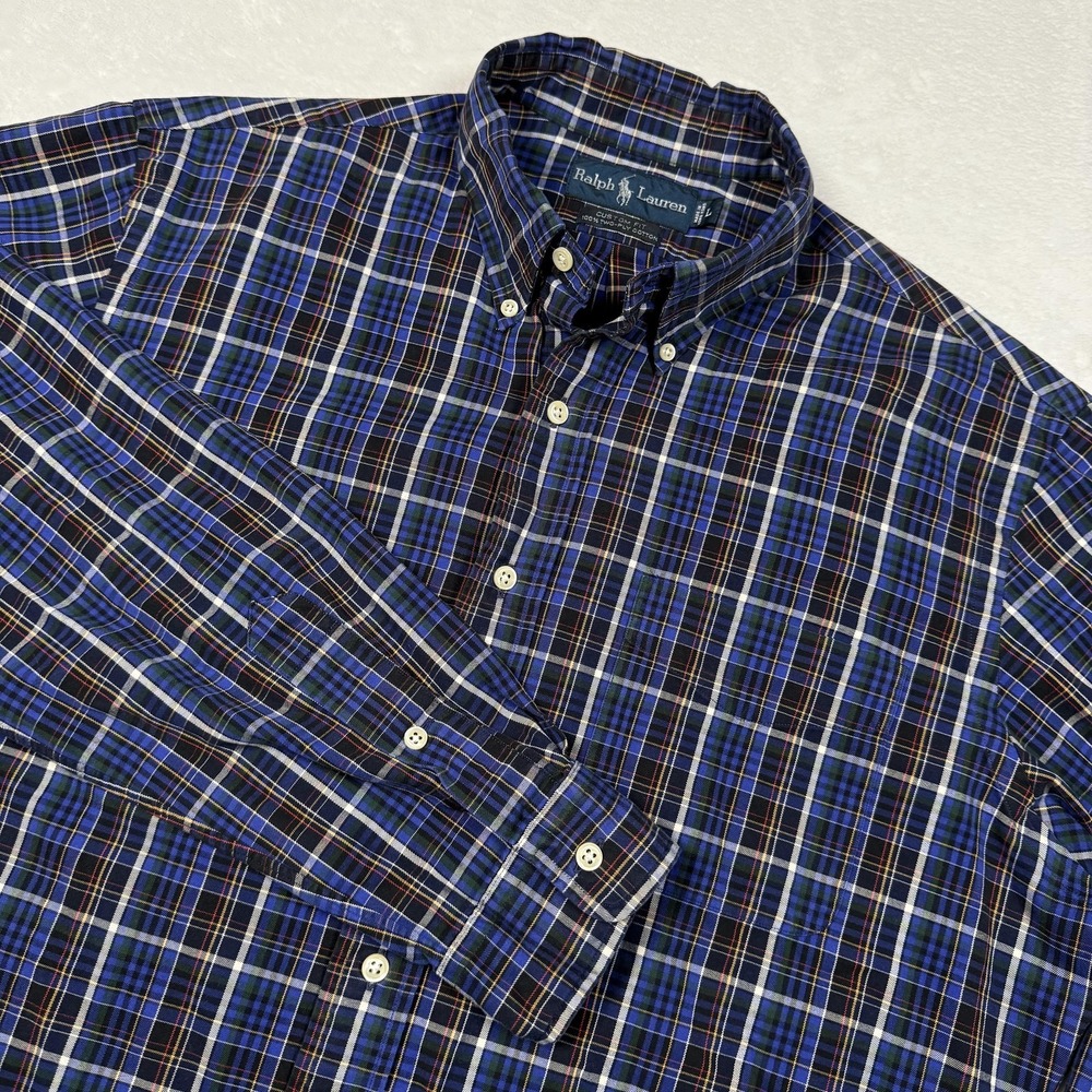 Ralph Lauren Shirt Mens Large Blue Plaid Custom Fit Button Down Cotton‎ Casual
